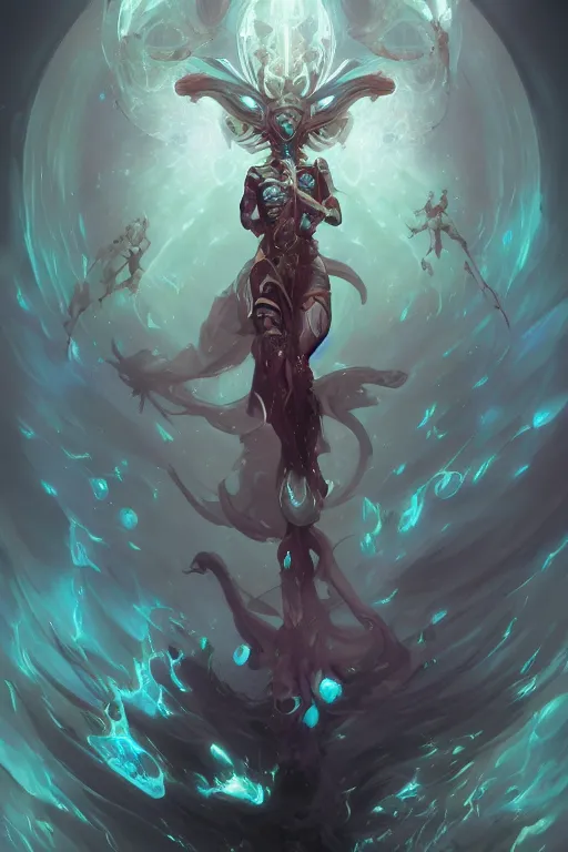 Image similar to full body shot of a beautiful supernatural cybernetic emanation, splash art by pete mohrbacher and artgerm and wlop, digital art, highly detailed, intricate, fantasy, mystical, sharp focus, Trending on Artstation HQ, deviantart, unreal engine 5, 4K UHD image