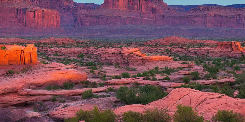 Image similar to “a river bend running through a canyon surrounded by desert mountains at sunset, moab, utah, a tilt shift photo by Frederic Church, trending on unsplash, hudson river school, photo taken with provia, national geographic photo”