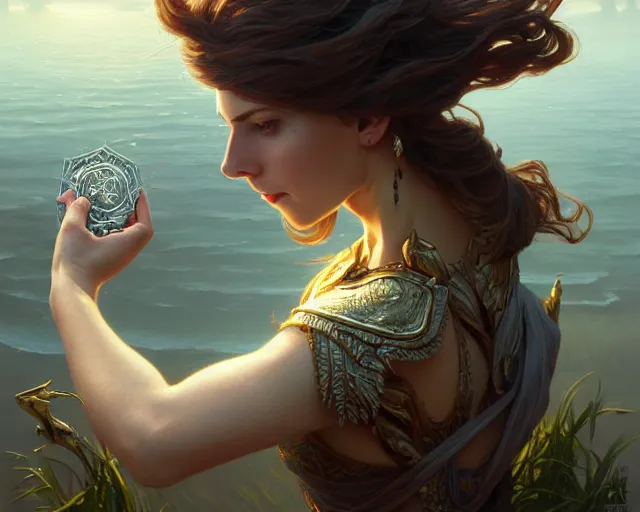 Image similar to skipping stones, deep focus, d & d, fantasy, intricate, elegant, highly detailed, digital painting, artstation, concept art, matte, sharp focus, illustration, hearthstone, art by artgerm and greg rutkowski and alphonse mucha