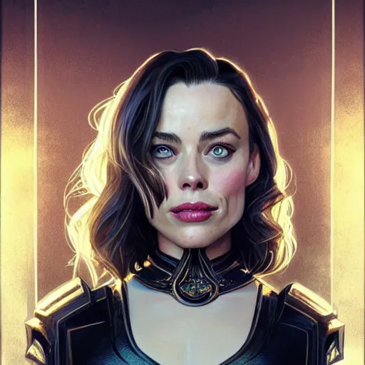 Prompt: Rachel McAdams' face combined with Margot Robbie's face with black hair wearing Power Armor, western, D&D, fantasy, intricate, elegant, highly detailed, digital painting, artstation, concept art, matte, sharp focus, illustration, art by Artgerm and Greg Rutkowski and Alphonse Mucha