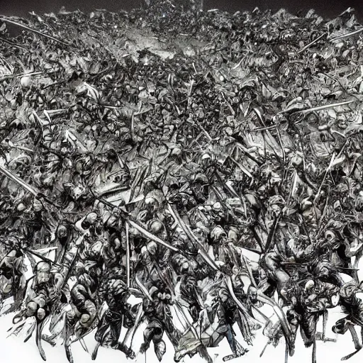 Image similar to one hero with sword looking at army of swordsmen in the background, in the middle of an arena, crowd of people, pencil art, straight, clear, added detail, high definiton, colored, aerial view, by yoji shinkawa