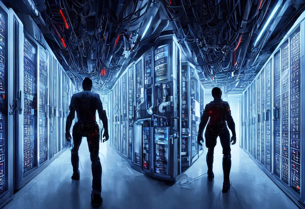 Image similar to shot of film cyborg walking in detailed server room in data center, character design, vivid color, complementary color, detailed, high quality, correct composision, correct perspective, trending on artstation, volumetric lighting, dramatic lighting by yoichi hatakenaka, cyberpunk art by asher brown durand