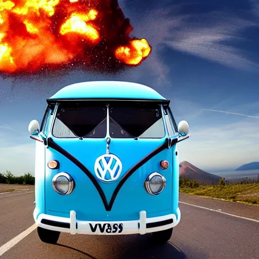 Image similar to a caricature drawing of a vw volkswagen bus, camper, bulli, type - 2, microbus, kombi, flying towards the camera, jumping at the viewer, dynamic action shot, fish - eye lense, frontal, a vulcano is erupting in the background