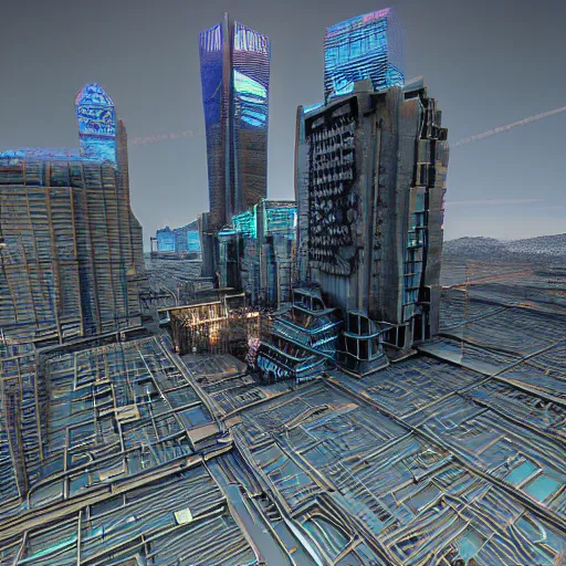 Image similar to “ salt lake city cityscape, biomechanical, environmental concept art, rendered in 3 d, unreal engine, cyberpunk ”