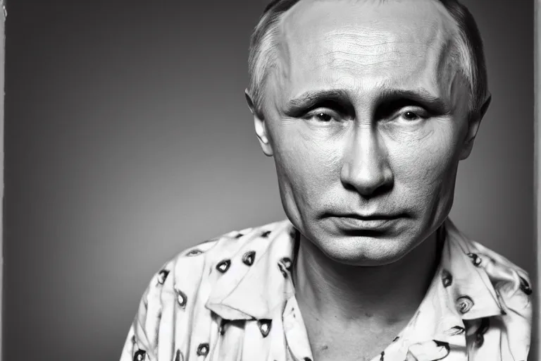 Prompt: putin as a clean-shaven homeless clown with a very sad face. head shot portrait. black and white 35mm photograph.