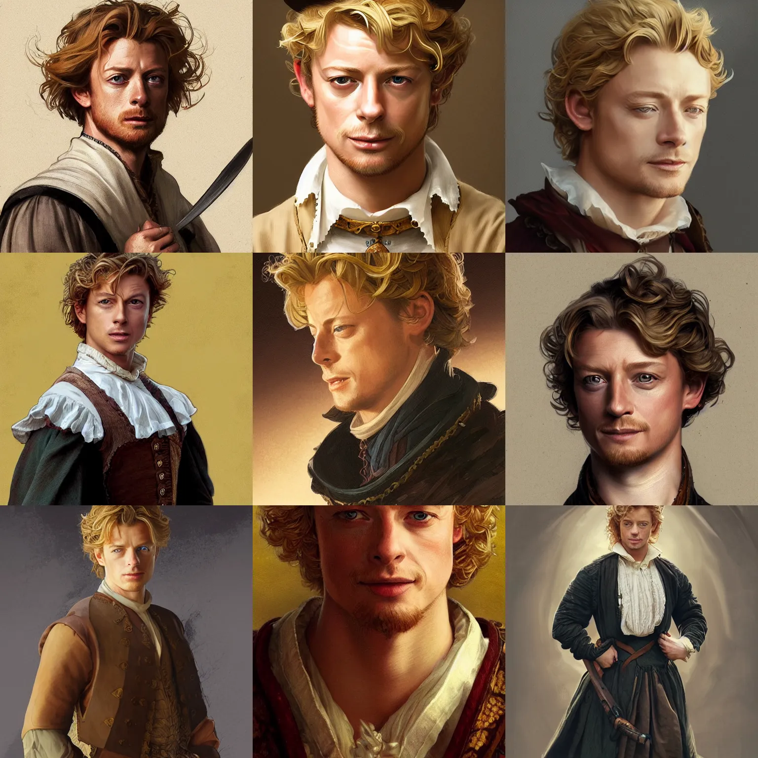 Image similar to a young man wearing 16th century clothes, sly expression, blonde, young simon baker, D&D, fantasy, portrait, highly detailed, digital painting, artstation, concept art, sharp focus, illustration, art by artgerm and greg rutkowski and alphonse mucha