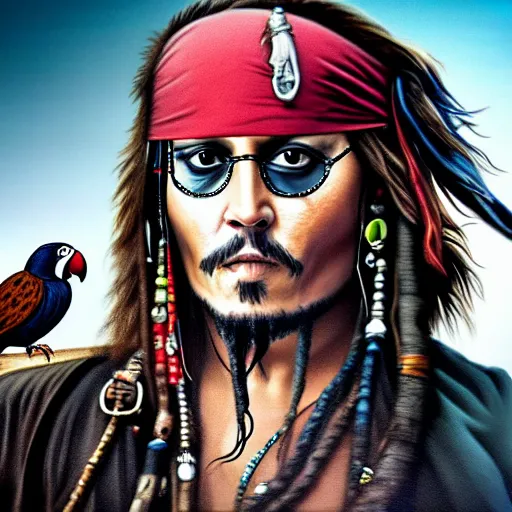 Prompt: johnny depp as jack sparrow with a parrot on the shoulder, realistic portrait, 8k resolution, hyper detailed, dramatic lighting, cinematic
