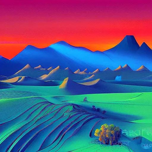 Prompt: This computer art is simply stunning. It is a beautiful landscape computer art of a desert scene, with mountains in the background and a bright sky. The colors are so vibrant and the detail is amazing. It is a truly beautiful computer art. electric blue by Bayard Wu, by Agnes Lawrence Pelton sad