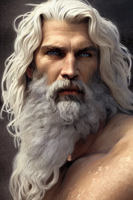 Image similar to painted portrait of rugged zeus, god of thunder, greek god, white hair, masculine, mature, handsome, upper body, muscular, hairy torso, fantasy, intricate, elegant, highly detailed, digital painting, artstation, concept art, smooth, sharp focus, illustration, art by gaston bussiere and alphonse mucha