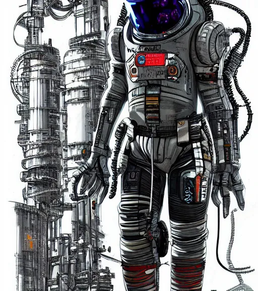 Image similar to cyberpunk engineer with long limbs and a black spacesuit on a spacewalk, dead space, Industrial Scifi, detailed illustration, character portrait, by Martin Grip and Moebius