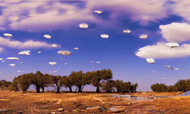 Image similar to panorama of big raindrops flying upwards into the perfect cloudless blue sky from a dried up river in a desolate land, dead trees, blue sky, hot and sunny highly-detailed, elegant, dramatic lighting, artstation, 4k, cinematic landscape, photograph by National Geographic