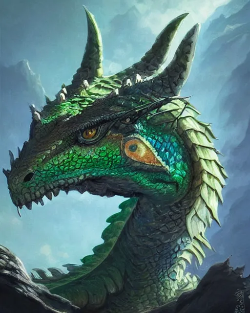 Image similar to curious dragon head with dreamy big eyes, scales, green and blue, highly detailed, digital painting, artstation, concept art, sharp focus, cinematic lighting, illustration, art by artgerm and greg rutkowski