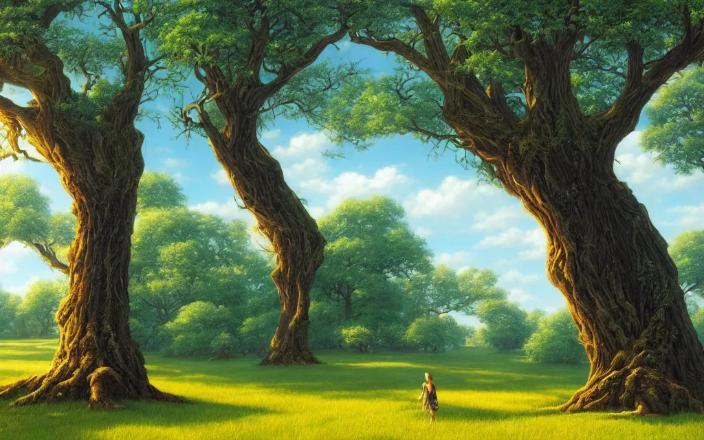 Prompt: A beautiful grass field with giant trees and flying mystical creatures. Gorgeous painting by Michael Whelan. 4K HD Wallpaper. Premium Prints Available