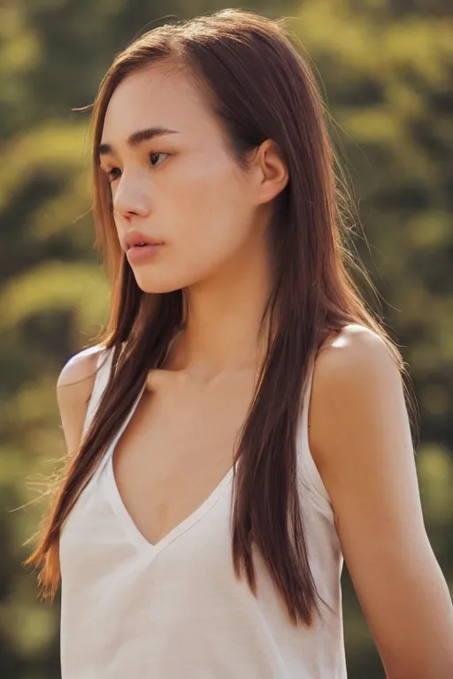 Prompt: 2 4 year old female model, wearing v - neck top, zoomed on clavicle, photo realistic, extreme detail skin, natural beauty, no filter, slr, golden hour, 4 k, high definition, selfie