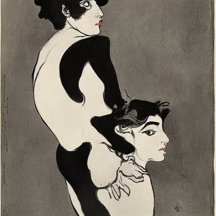 Image similar to portrait of a panther woman. henri de toulouse - lautrec, aubrey beardsley