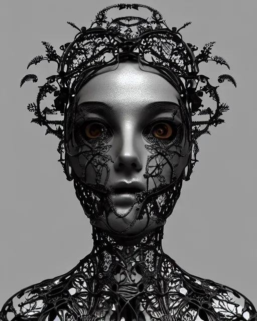 Prompt: monochrome 3 d model, profile portrait 1 8 9 0 picture, silver lace floral steampunk biomechanical beautiful young female cyborg with techno eye, volumetric light, leaves foliage and stems, hibiscus flowers, sinuous fine roots, fine foliage lace, alexander mcqueen, rim light, big gothic fashion pearl embroidered collar, octane render, hg giger, 8 k