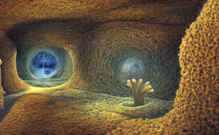 Prompt: sponge with many tunnels inside each hole, tunnels lead to different worlds, surreal, detailed, high definition, mysterious, wide shot, surrealist depiction of a normal sponge,