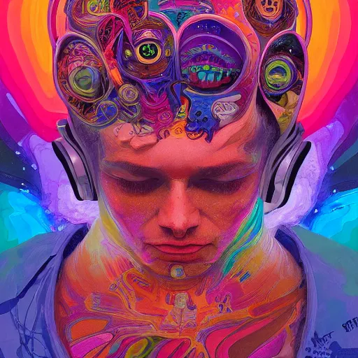 Image similar to An extremely psychedelic experience, colorful, surreal, dramatic lighting, cosmonaut, LSD, face, detailed, intricate, elegant, highly detailed, digital painting, artstation, concept art, smooth, sharp focus, illustration, art by Sam Spratt, Dan Mumford, Artem Demura and Alphonse Mucha