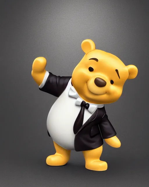 Prompt: full body 3d render of winnie-the-pooh dressed in a suit as a funko pop, studio lighting, white background, blender, trending on artstation, 8k, highly detailed