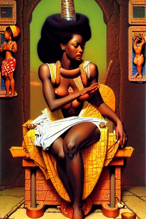 Image similar to an african goddess queen in a temple by gil elvgren and norman rockwell and rob gonsalves and hajime sorayama, hyperrealistic, high detail, ultra detailed