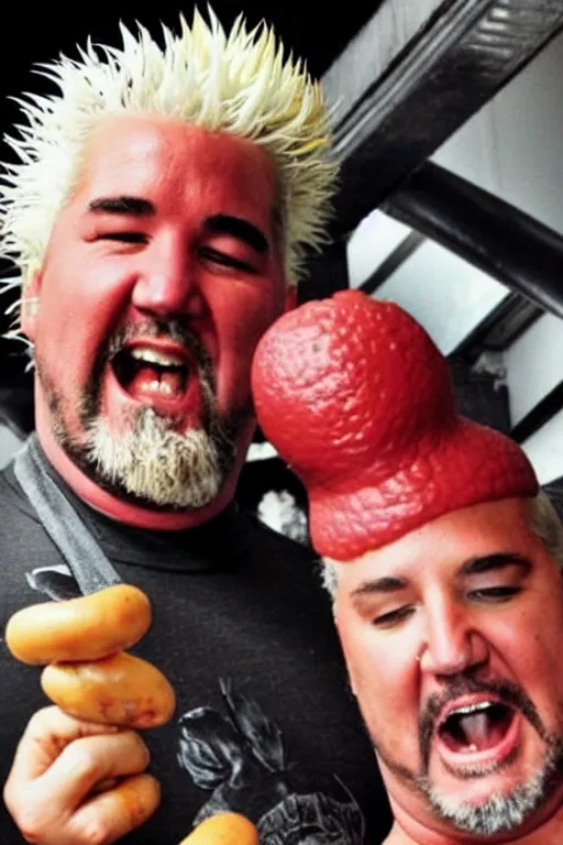 Image similar to beautifully composed, grainy photograph of bemused Guy Fieri holding a huge weiner