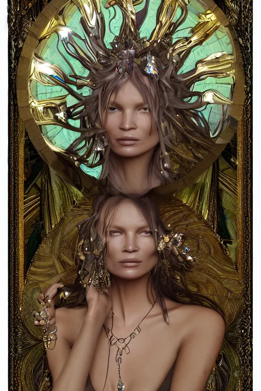 Image similar to a realistic dark photo of a beautiful ancient alien woman goddess kate moss standing in jewelery and fractals in style of alphonse mucha art nuvo trending on artstation made in unreal engine 4