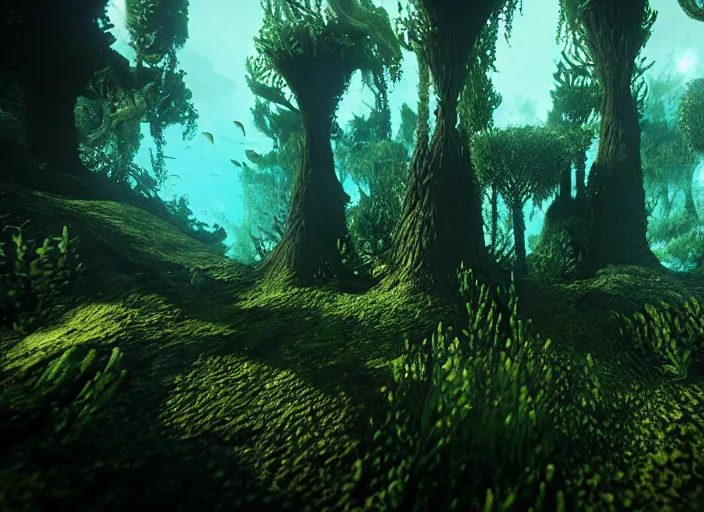 Prompt: a forest that grows upside down entirely underwater. Intricate. Very detailed 8k. Fantasy horror. Sharp. Cinematic post-processing. Unreal engine. Nanite. Ray tracing. Parallax. Tessellation