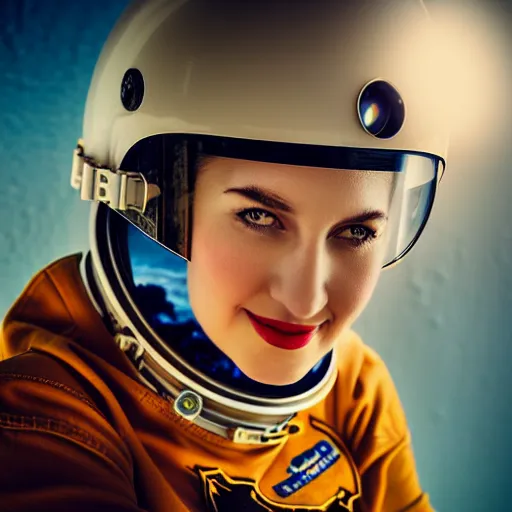 Prompt: portrait photography of a young woman astronaut with helmet. 1930's style. retro vintage. Rembrandt light. cinematic. depth of field. lens flare. moody. realistic blue eyes. muted colors