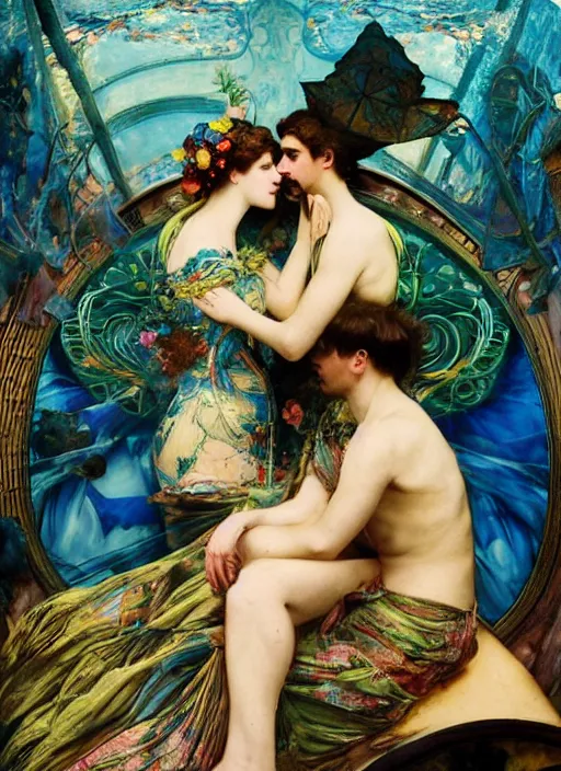 Prompt: detailed colourful masterpiece of art nouveau photography by anne leibovitz couple portrait sat down extreme closeup, love, inside an underwater train, detailed realistic expressions, wearing unusual clothes, by william powell frith frederic leighton and john william waterhouse, ultra wide angle