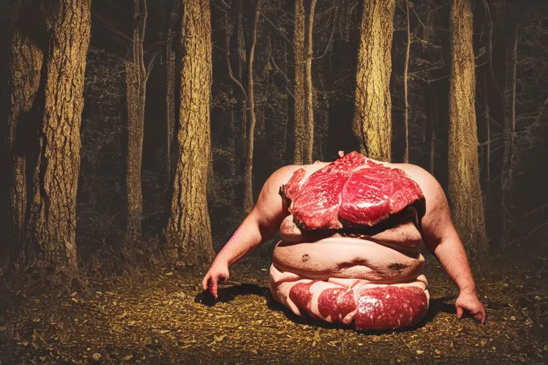 Prompt: big fat butcher with a scary face chops a piece of meat on the stump in a dark forest, night scene, old photo, scary, creepy, terrible atmosphere