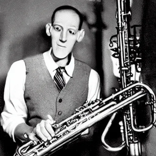 Prompt: photo of squidward from inside a 1 9 3 0's jazz ensemble