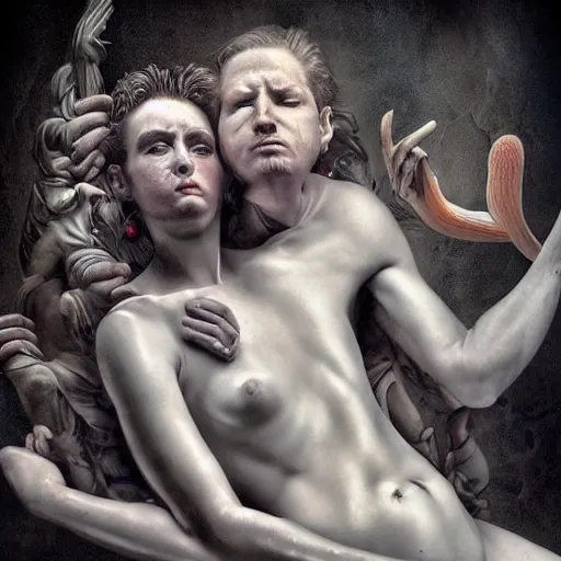 Image similar to the blasphemous caricature of the male and female body, hyperealistic detailed photography, divinity, awful, religious art