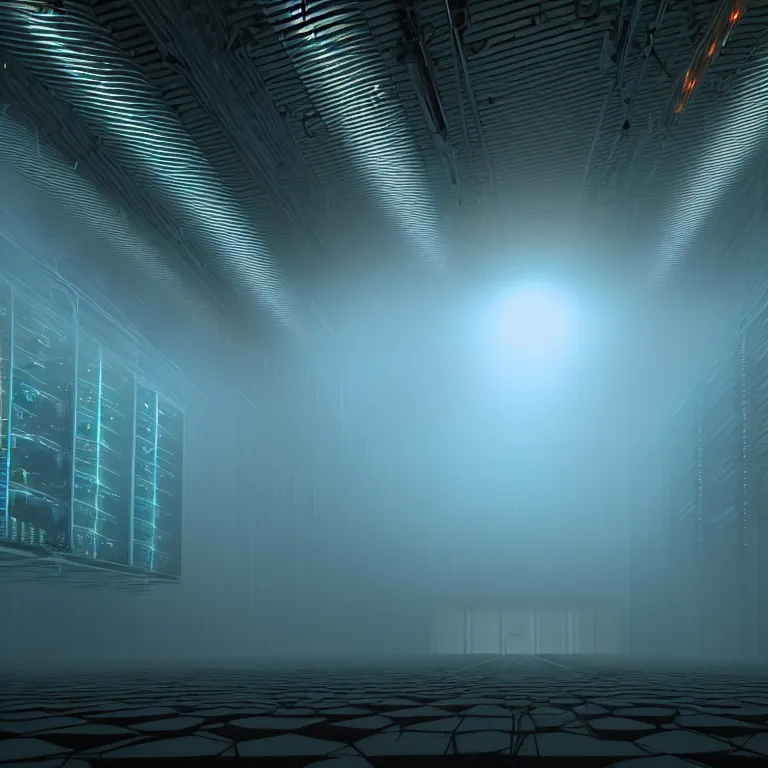 Prompt: an immaculate volumetric path tracing lighting render of a large rack of beautiful iridescent device at che center of a in a vast modern datacenter, fog, god rays, and nixie tubes by Zdzisław Beksiński and beeple, beautiful modern colors, ultradetailed, 4k ultra