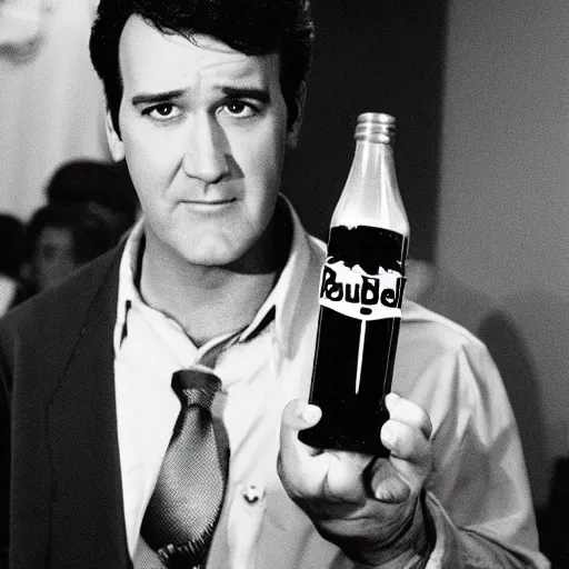 Image similar to young Bruce Campbell holding redbull can to the camera