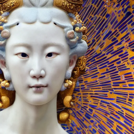 Image similar to a single close up photo - real delicate ceramic porcelain sculpture of a god in front of an intricate background by gustac klimt and victo ngai and takato yamamoto, micro detail, backlit lighting, face in focus, subsurface scattering, translucent, thin porcelain, octane renderer, colorful, physically based rendering, japanese pottery, trending on cgsociety