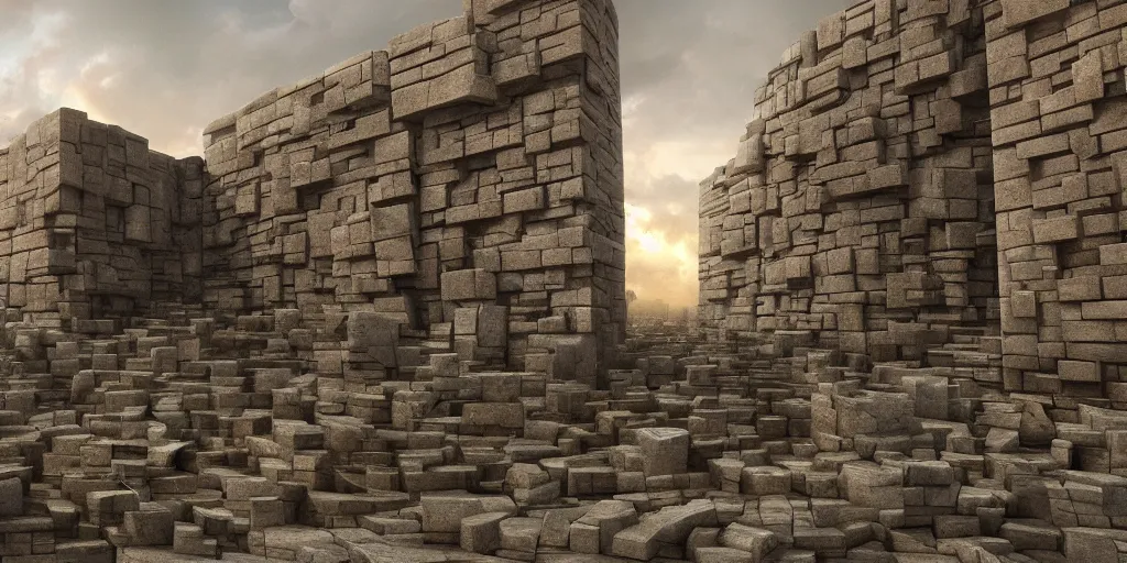 Image similar to beautiful matte painting of a giant wall made from stone bricks by weta workshop 8 k, cinematic dramatic atmosphere, dramatic lighting