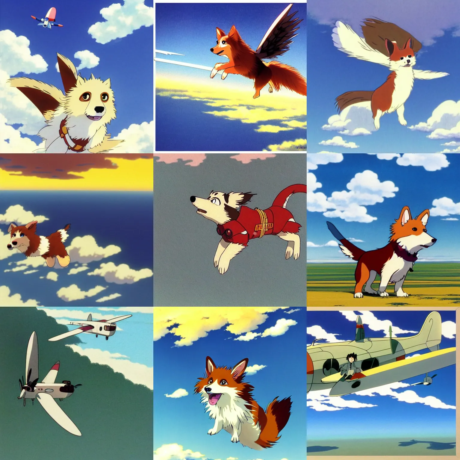 Prompt: a sheltie flying a plane, by studio ghibli, by hayao miyazaki, anime, beautiful light