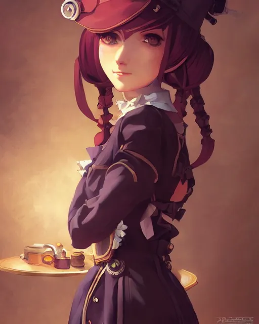 Image similar to a portrait of a steampunk maid, steampunk setting, vivid colors, soft lighting, atmospheric, cinematic, moody, in the style of Ilya Kuvshinov and Range Murata, Krenz Cushart, oil on canvas, 8K