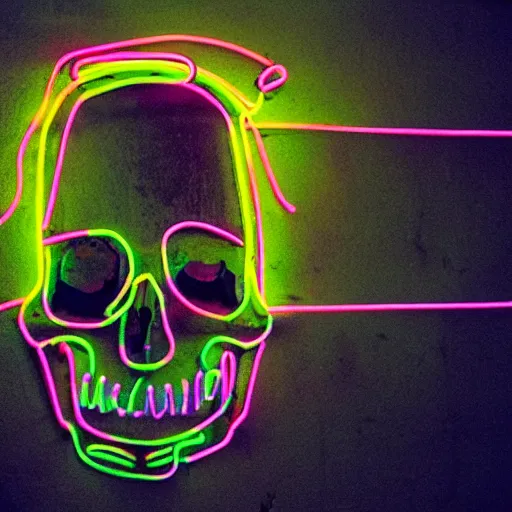 Prompt: neon skeleton in a dark room