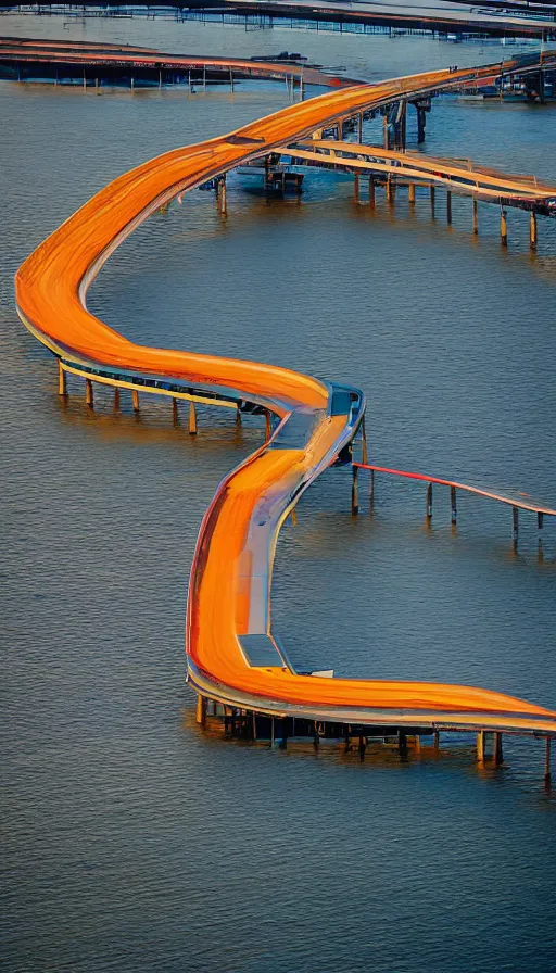 Prompt: color pentax photograph of a pristine, modern architecture storm surge barrier from an aerial perspective. epic colours and lighting!