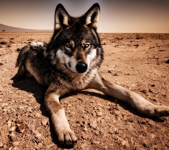 Image similar to photo of a wolf puppy, wearing cowboy clothes, in the desert, cinematic color grading, various poses, soft light, faded colors, well framed, sharp focus, 8 k