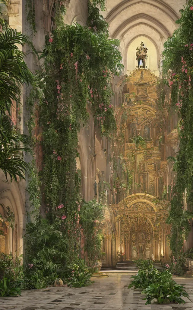 Image similar to cathedral interior with koi pond in the middle surrounded by palm trees, ivy, flowers, tropical plants, roses, and with archways, rendered in octane render with photorealistic lighting, cinematic, horizontal symmetry, a flemish baroque by thomas cole, unsplash, baroque, sanctuary, unsplash contest winner, maximalism, sanctuary