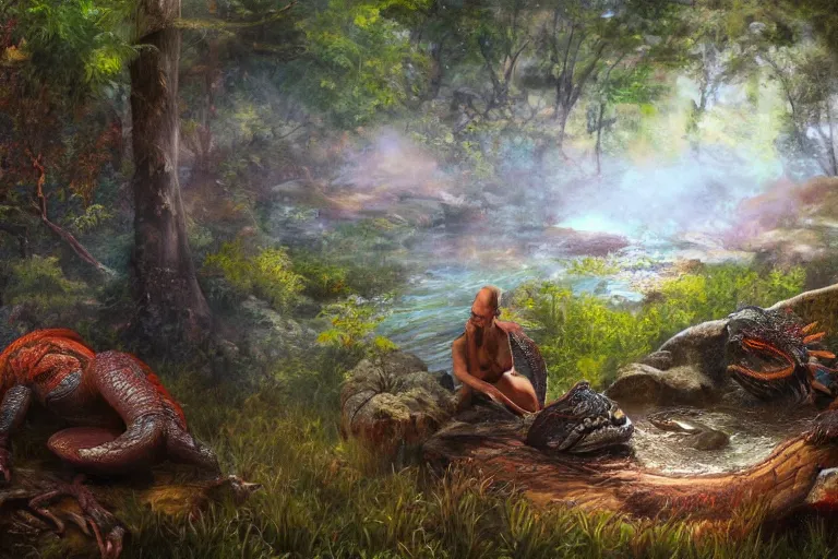 Image similar to highly detailed oil painting of a reptile man sitting in a steaming colorful hotspring with woodland forest backdrop, featured on artstation