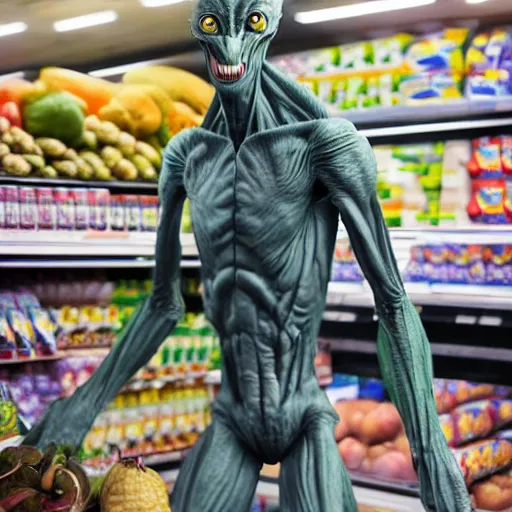 Image similar to mid shot of an realistic alien dressed by emidio tucci buying groceries at the store, shot by amanda carlson and alex strelkovv, professional photo, masterpiece, very detailed, hyper - realistic, unreal engine, straight face, cinematic, 4 k