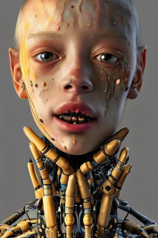 Image similar to beautiful portrait of a teen robot making fyunny face with the tongue, dystopian, biopunk, skin details, digital painting, sculpted in zbrush, artstation, concept art, smooth, sharp focus, illustration, chiaroscuro, soft lighting, golden ratio, rule of thirds, fibonacci, art by Audubon, incredible art by Stanley Artgerm Lau and Greg Rutkowski, composition by mike mignola and Simon Stalenhag,