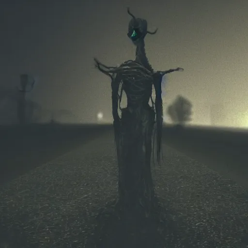 Image similar to a rotting banshee walking on an empty sidewalk at night, creepy atmosphere, realistic lighting
