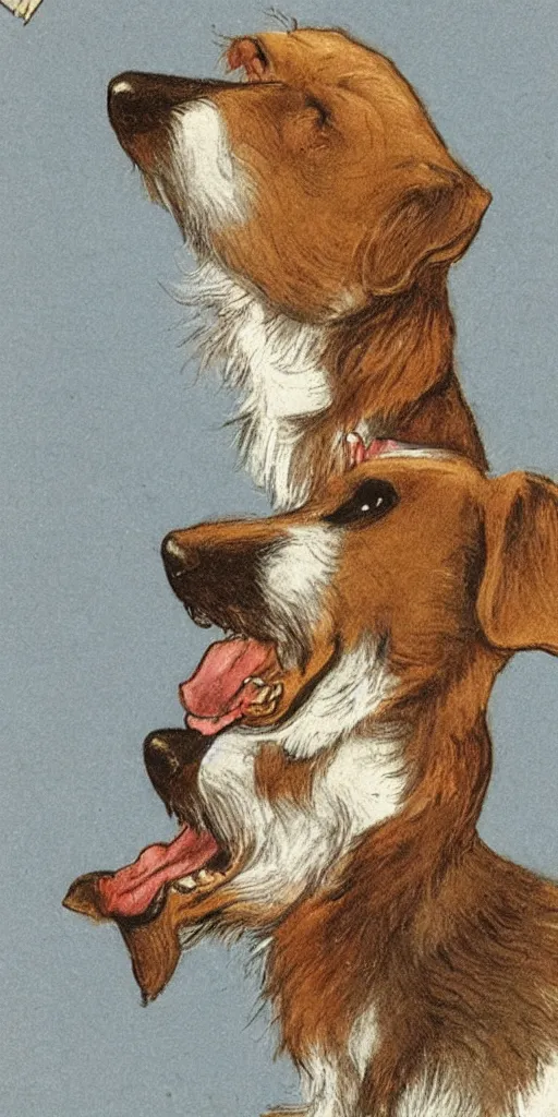 Image similar to jack russel dog looking up and howling with mouth open sad, highly detailed, side view, illustrated by peggy fortnum and beatrix potter and sir john tenniel