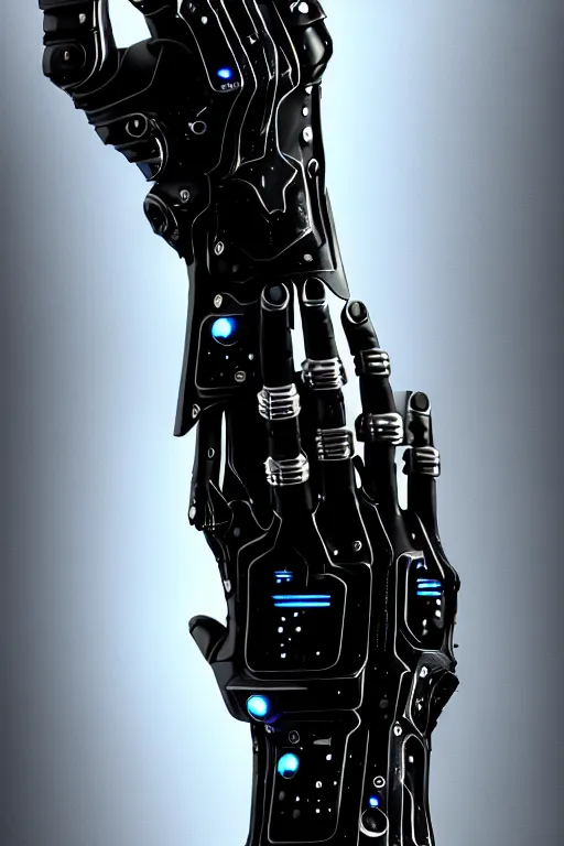 Image similar to a cyberpunk dark metallic arm prosthesis realistic proportions, electric, close look, anatomically correct hand and fingers, sci - fi, rpg, digital painting, cad render, artstation, concept art, smooth, 8 k frostbite 3 engine, ultra detailed