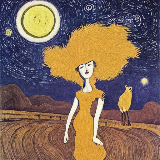 Image similar to A beautiful illustration of a woman with long flowing hair, wild animals, and a dark, starry night sky. Kentucky Fried Chicken, 35 mm photograph by Paul Corfield, by Egon Schiele comforting, lively