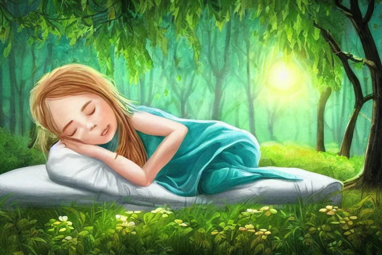 Prompt: a beautiful illustration of a little cute girl on her bed dreaming about a beautiful green forest, detailed face, beautiful colors, digital art